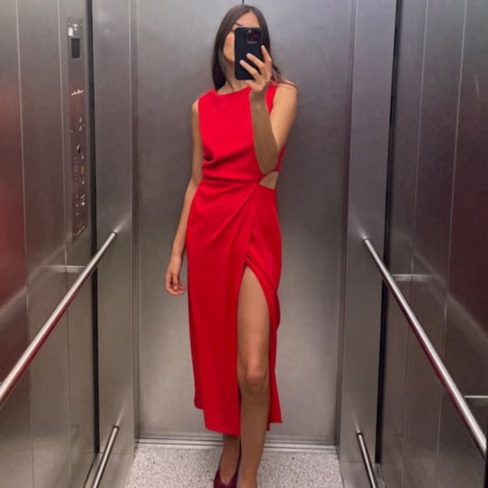 Zara Cut-Out Ruched Red Midi Dress
